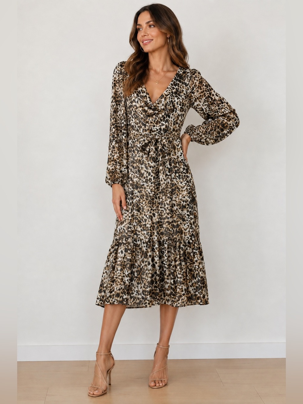 Thalia Sodi Leopard Print Metallic Shimmer Cowl Neck Midi Dress Women’s M